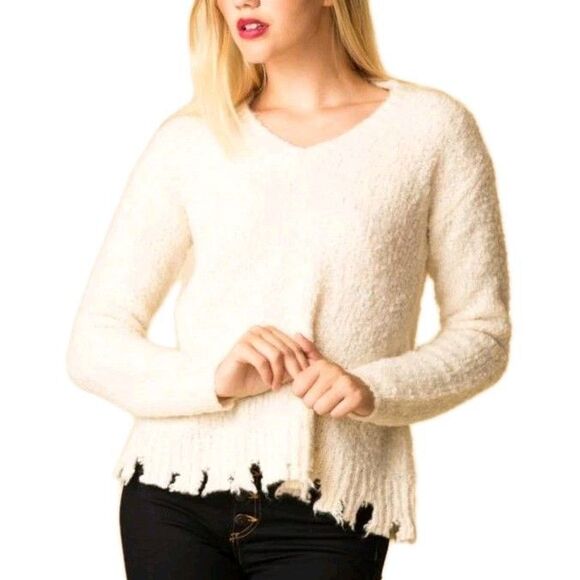 ATM Wool Alpaca Blend Ivory Cream Destroyed V-neck Long Sleeve Sweater S Boho - Picture 2 of 8